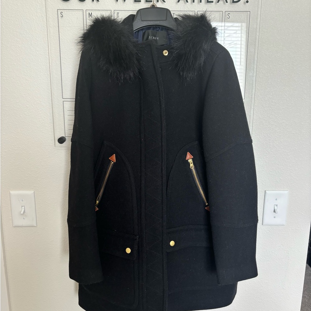 J. Crew Stadium Cloth Wool Black Coat Parka with Fur Hood